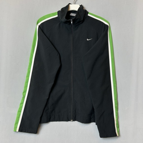 Nike Jacket Womens Large Black Green‎ Full Zip Track Swoosh Logo Pockets - Picture 1 of 16